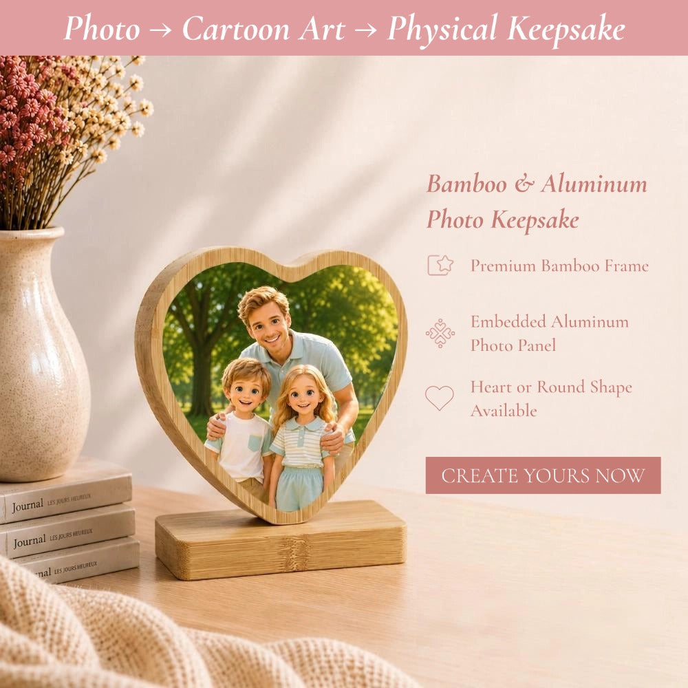 Personalized Aluminum Photo Print on Bamboo Wood Plaque, with Rotating Magnetic Stand