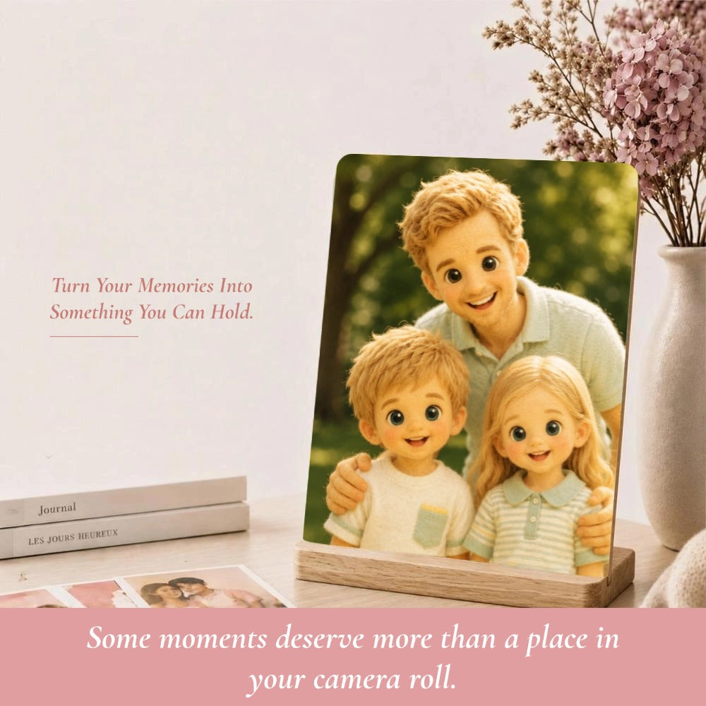 Personalized Aluminum Photo Print with Wooden Stand, Available in 7-Inch and 8-Inch Sizes