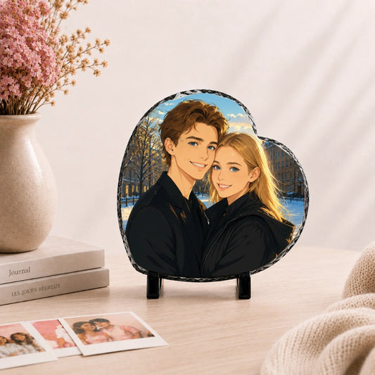 Personalized Heart-Shaped Photo Slate Plaque with Display Stand