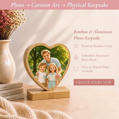 Personalized Aluminum Photo Print on Bamboo Wood Plaque, with Rotating Magnetic Stand