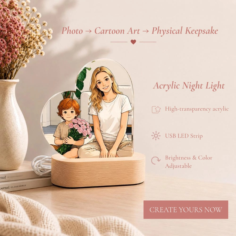 Personalized Heart-Shaped Acrylic LED Night Light, Plug-In Design