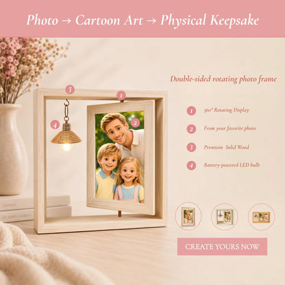 Personalized Rotating Solid Wood Photo Frame with LED Lights, Double-Sided Display for Two 6-Inch Photos