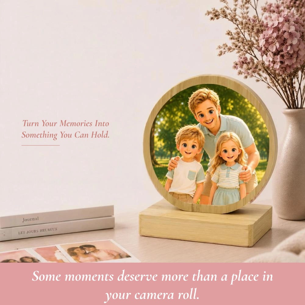 Personalized Aluminum Photo Print on Bamboo Wood Plaque, with Rotating Magnetic Stand