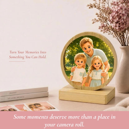 Personalized Aluminum Photo Print on Bamboo Wood Plaque, with Rotating Magnetic Stand