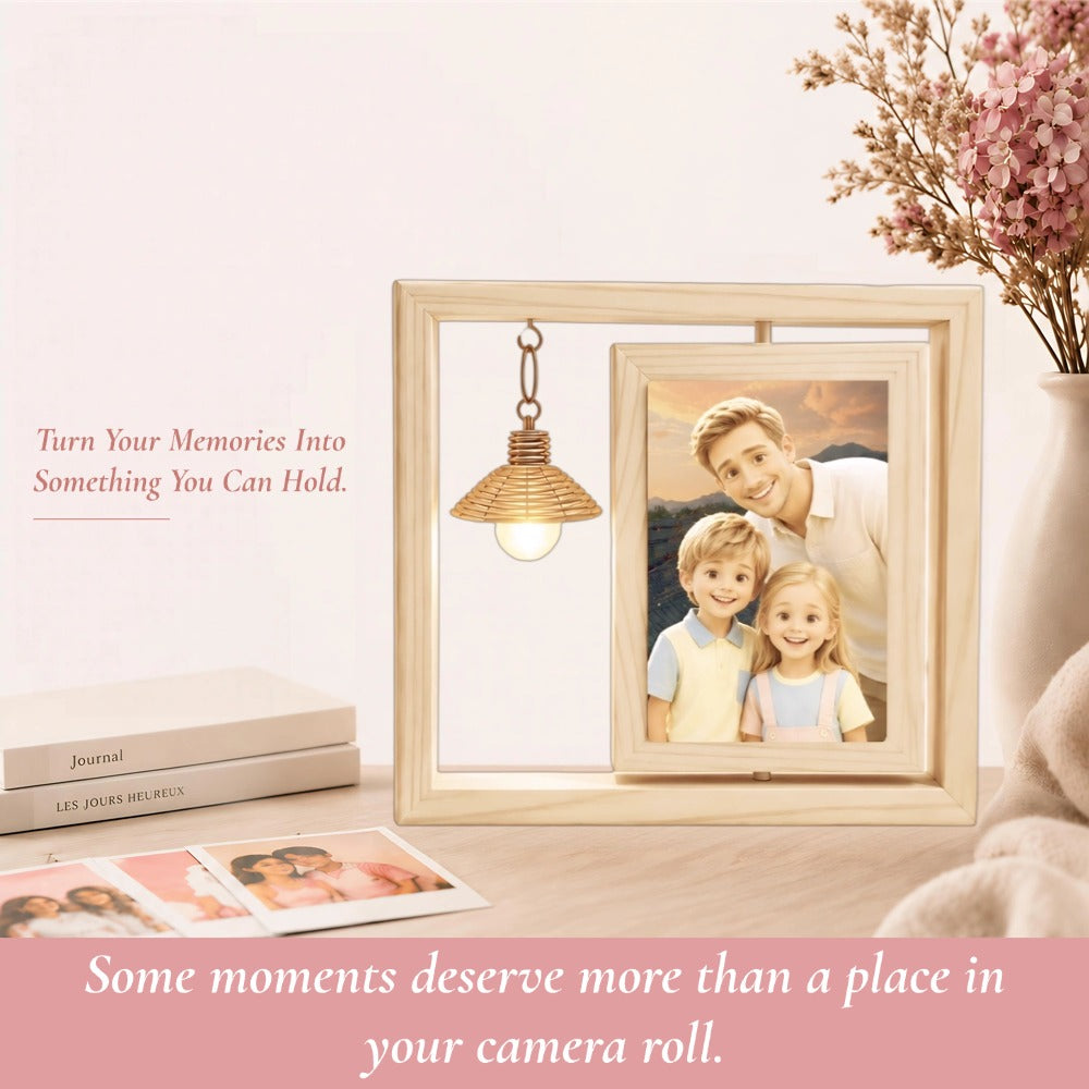 Personalized Rotating Solid Wood Photo Frame with LED Lights, Double-Sided Display for Two 6-Inch Photos