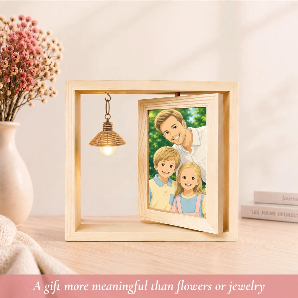Personalized Rotating Solid Wood Photo Frame with LED Lights, Double-Sided Display for Two 6-Inch Photos