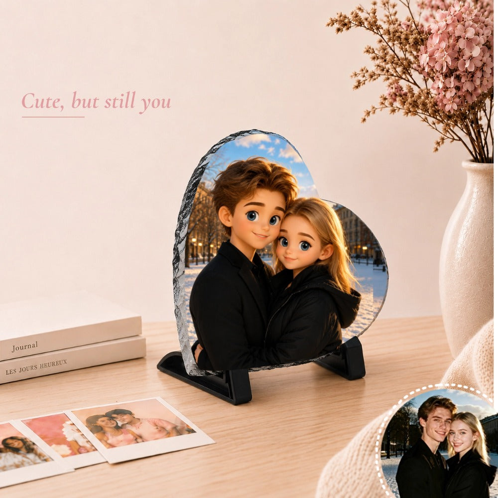 Personalized Heart-Shaped Photo Slate Plaque with Display Stand