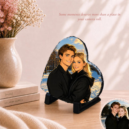 Personalized Heart-Shaped Photo Slate Plaque with Display Stand