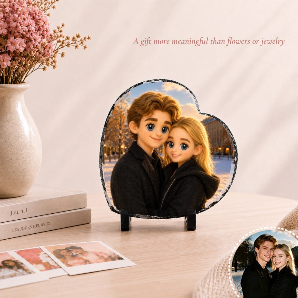Personalized Heart-Shaped Photo Slate Plaque with Display Stand